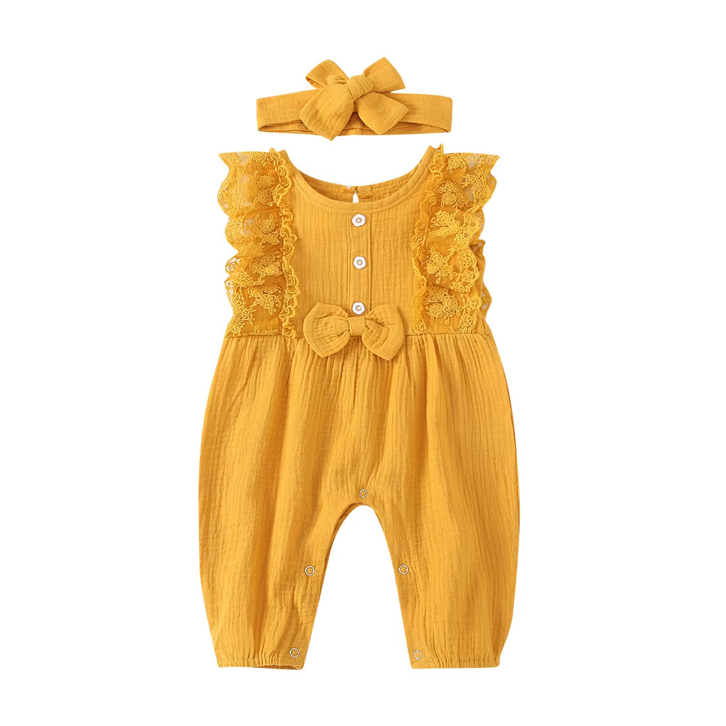 LunaLinen – Baby Girl Cotton Romper & Headdress Set