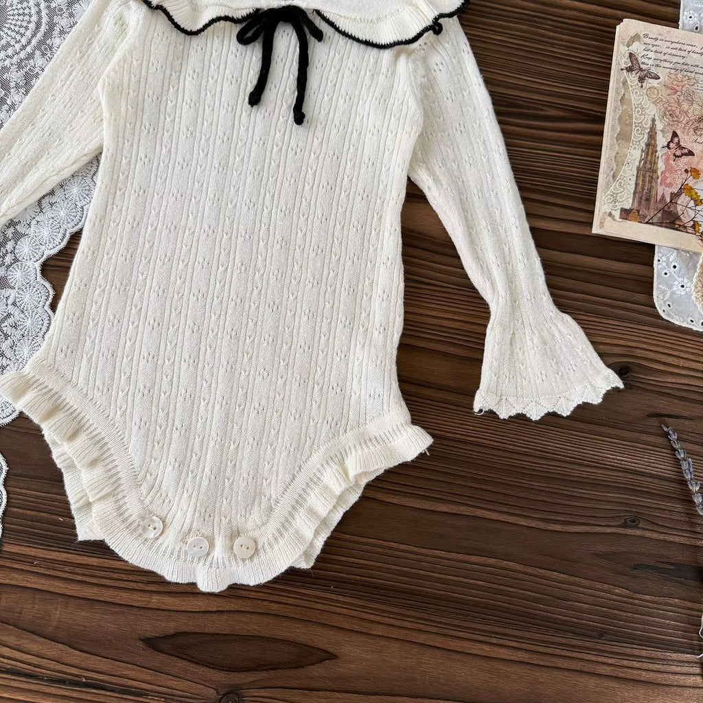 LilyLuxe™ Knitted Baby Girl Jumpsuit – Elegant Lotus Collar Sweater Romper for Spring & Autumn