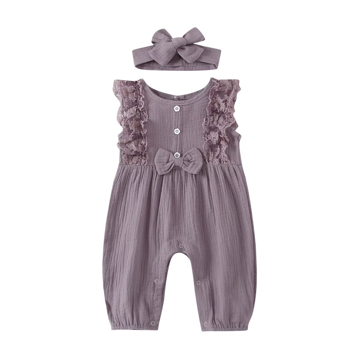 LunaLinen – Baby Girl Cotton Romper & Headdress Set